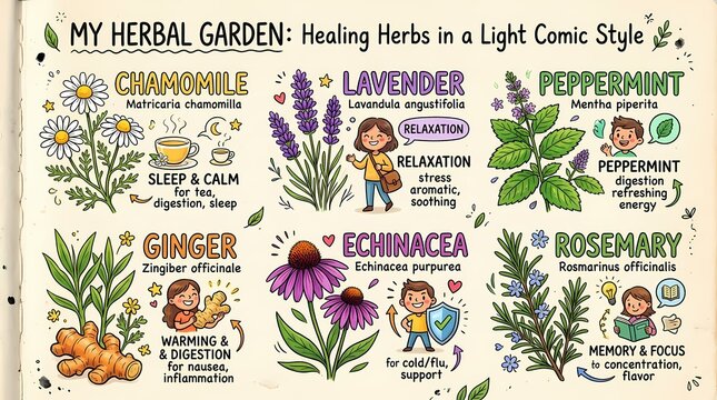 Colorful comic-style illustrations depicting the diverse health advantages of beneficial herbs for natural well-being and home remedies