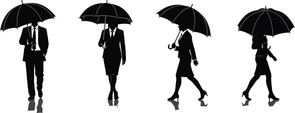 Black silhouettes of business people walking with umbrellas representing corporate insurance, risk management, financial protection, and professional safety in rain.
