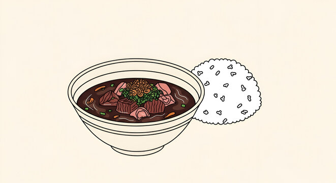 Bowl of hearty Indonesian rawon beef soup with rice cartoon style illustration of traditional Asian cuisine in white bowl