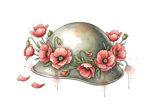 Military helmet, floral design, poppy flowers, war and peace symbol, green metal