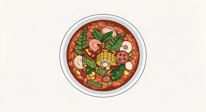 Bowl of vibrant Filipino Sinigang soup illustration featuring colorful vegetables herbs and savory tamarind broth a traditional dish