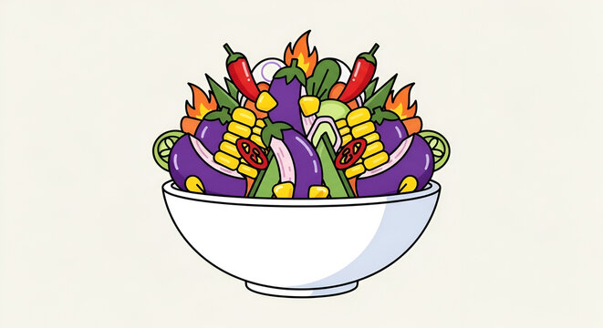 Bowl overflowing with vibrant grilled vegetables illustration featuring eggplant peppers corn and flames in cartoon style