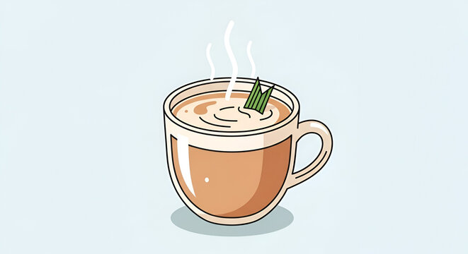 Cartoon illustration of a cup of herbal tea with pandan leaf steaming with warm aroma on a light blue background