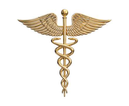 Gold caduceus emblem displayed on transparent background PNG