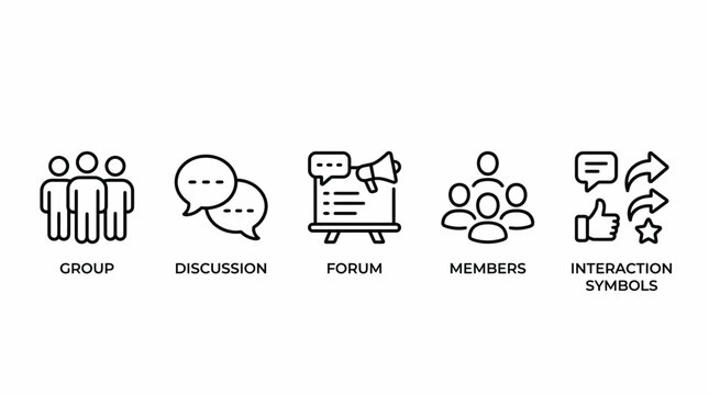 Icons representing group discussion, forum, members, and social interaction