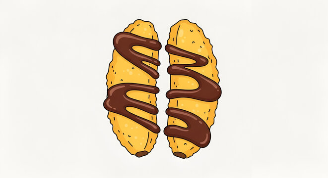 Cartoon illustration of two fried plantains drizzled with chocolate sauce on a white background in a hand-drawn style perfect for food illustrations