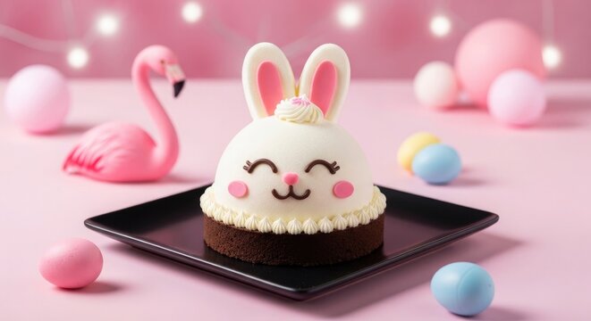 Easter bunny cupcake with pink background and decorations