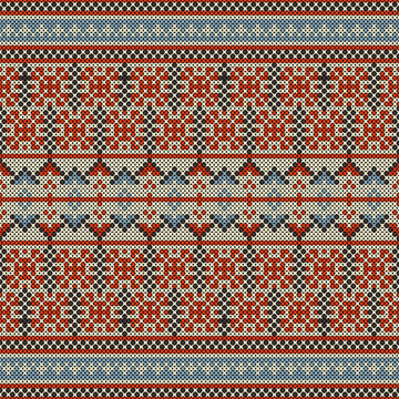 A cross-stitch pattern in a style combining indigenous and geometric motifs, resembling designs found on sweaters or woven fabrics. The color palette includes brick red, muted blue, and cream. 