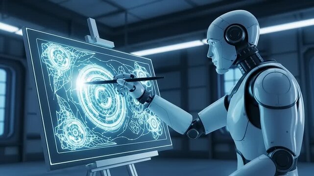 Robot artist creates digital art on futuristic screen with stylus.