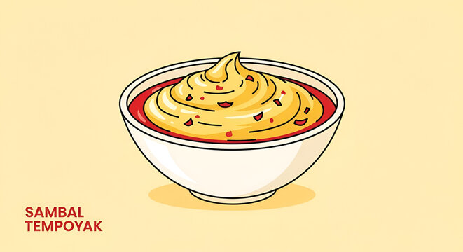 Cartoon style illustration of sambal tempoyak in a bowl with red chili slices against a light yellow background a Malaysian traditional dish