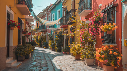 Fototapeta premium Colorful street with potted plants and flowers in latin american town or city with cobblestone road and ornate balconies on buildings
