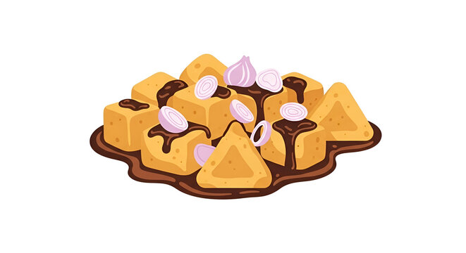 Cartoon tahu gejrot vector illustration with fried tofu spicy sauce shallots on plate in flat design; Indonesian street food icon