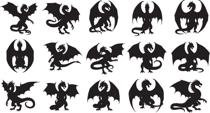 Collection of various dragon silhouettes in different poses and styles