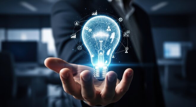Businessman holding glowing light bulb with digital icons, representing innovative ideas, creativity, strategy and future technology solutions for corporate growth

