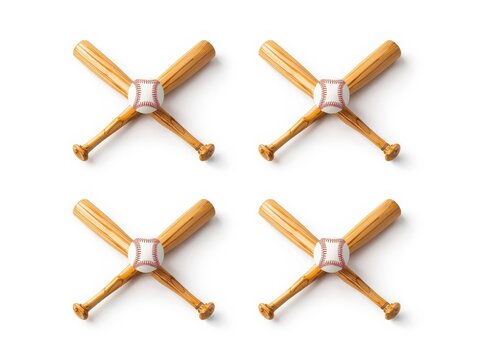 A set of four wooden baseball bats with metal springs isolated on white background