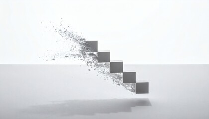 Fototapeta premium Dissolving white cube stairs on minimalist background, conceptual breakdown and transformation