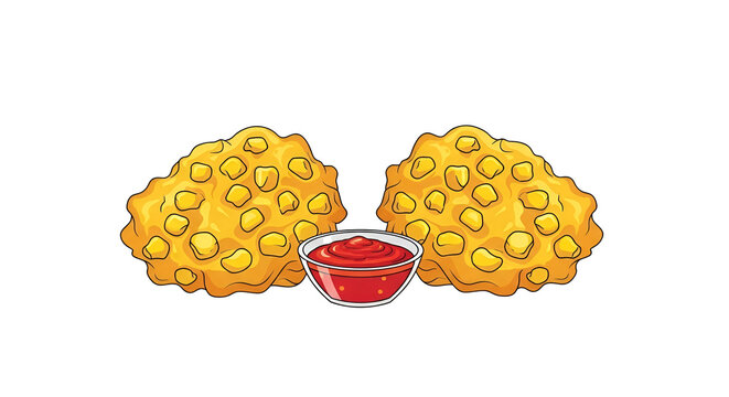 Crispy fried corn fritters with sweetcorn pieces and bowl of red dipping sauce in cartoon illustration style on white backdrop