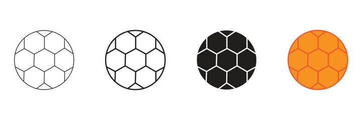 Naklejka premium set of four soccer ball icons in different styles including outline black filled and orange with a clean and modern vector design perfect for sports or game related themes