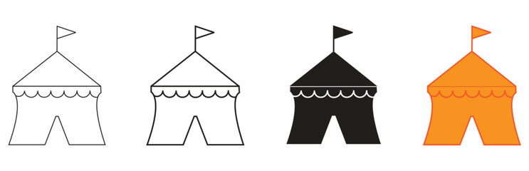 Set of four distinct circus tent icons in various styles, including detailed outlines and solid silhouettes, ideal for carnival, festival, and entertainment event designs. © Moynul Haque