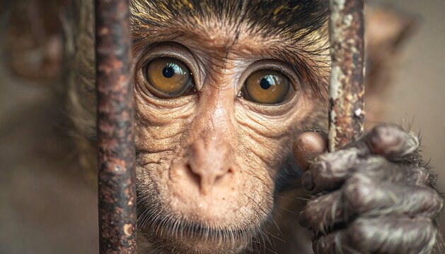 Close-up of a Sad Monkey Looking Through Rusty Metal Bars in Captivity
