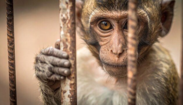 Soulful Eyes of a Young Macaque Monkey Peering through Rusty Cage Bars in Captivity