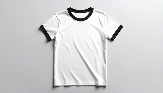 White Ringer T-Shirt Mockup with Black Trim on Gray Background