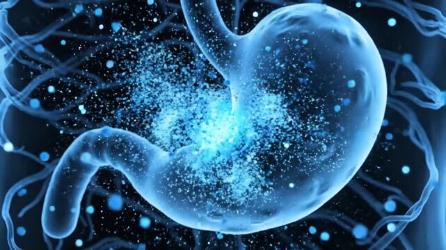Medical Animation of Human Stomach with Digesting Particles Flowing Inside