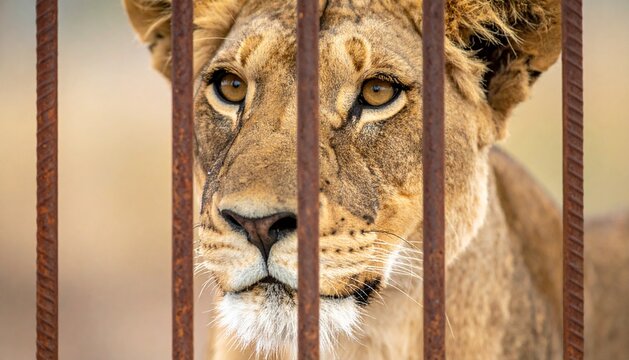 Sad Female Lion Looking Through Rusty Cage Bars in Captivity