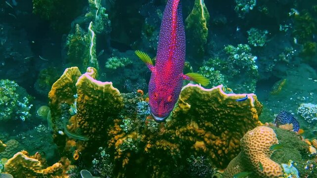 Close-up underwater shot of a striking red-spotted coral grouper hunting over a colorful reef. Bali, Indonesia