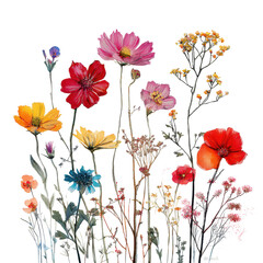 Fototapeta premium A vibrant field filled with a variety of colorful flowers in full bloom under a clear blue sky ,isolated on transparent background