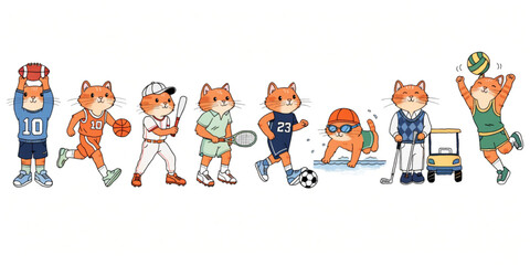 Fototapeta premium Set of funny cartoon cute Cat animals in playful sports vector style featuring smiling characters for kids toy illustration collection