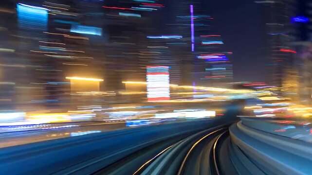 Time-lapse footage of a modern urban railway leading into a dense cluster of illuminated skyscrapers at night. The symmetrical perspective of the metro tracks draws the eye toward the vibrant city .