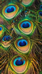 Fototapeta premium A vibrant close-up of peacock feathers