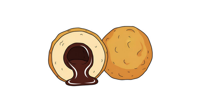 Delicious cartoon bomboloni doughnut with flowing chocolate filling; delectable Italian pastry with a sweet creamy center isolated on white