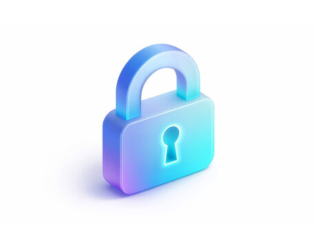 Glossy 3D padlock with blue‑cyan‑purple gradient and a glowing keyhole, symbolizing modern digital security, privacy, encryption, and trusted protection.