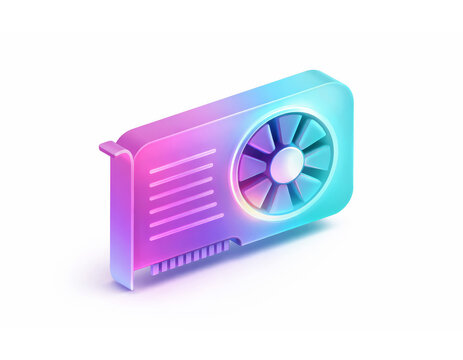 Glossy 3D graphics card icon with a large cooling fan and pink‑purple‑cyan gradient, representing modern GPU hardware for gaming, rendering and digital performance.