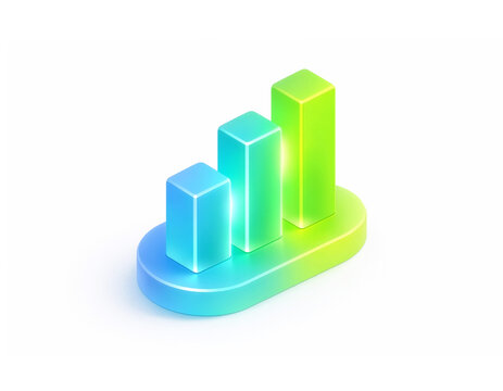 Glossy 3D bar chart with three ascending rectangular bars in a blue‑to‑green gradient on an oval base, symbolizing growth, progress, and modern data visualization.