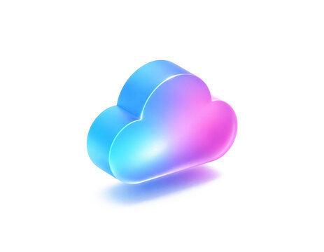 Glossy 3D cloud icon with blue‑to‑pink gradient, soft lighting and subtle shadow, symbolizing cloud storage, computing, and modern digital services.