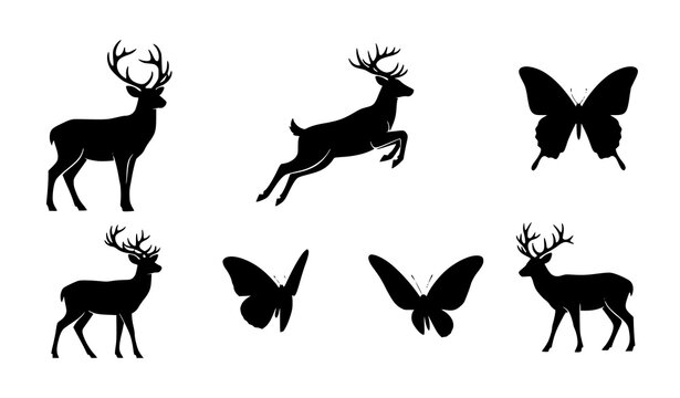 Wildlife Silhouette Icon Set Featuring Deer in Standing and Jumping Poses with Butterfly Collection for Nature, Forest, Animal, and Outdoor Design