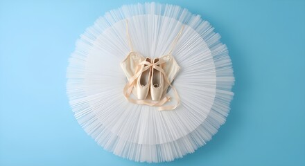Ballet shoes and tutu on blue background for dance performance