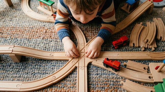 Child building with wooden train tracks on floor with hands and toys