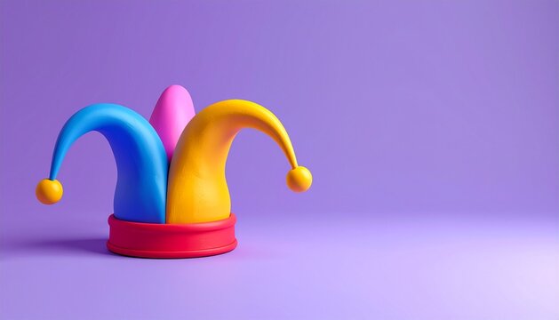 Vibrant 3D Jester Hat on Purple Background, April Fools Day Concept