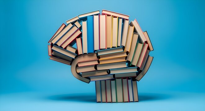 A creative arrangement of books forming a brain on a blue background