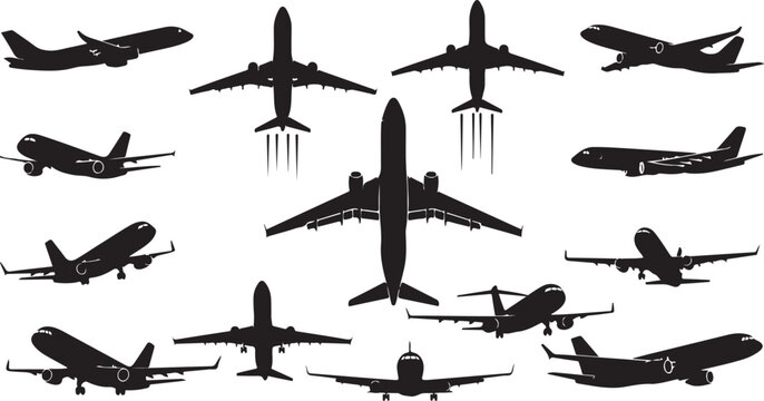 Collection of airplane silhouettes in various flight positions and angles