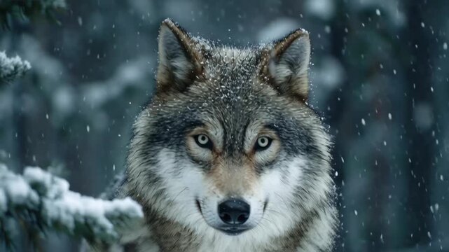 Gray wolf standing in the snow during winter in a wild natural landscape