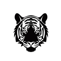 Fototapeta premium Striking black and white stylized tiger head logo illustration with fierce eyes and bold stripes.