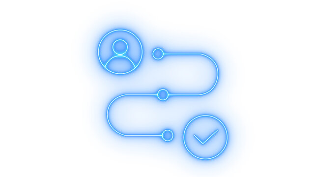Neon glowing line art illustration depicting a user's journey or a business process, showing a profile icon, connected steps, and a final completion checkmark, isolated on transparent background.
