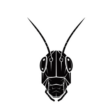 A stylized black silhouette of a grasshopper or cricket head with antennae and compound eyes, depicted in a graphic, geometric style on a white background.