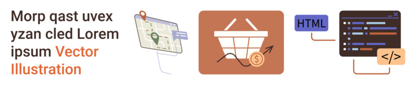 E-commerce, web design, online shopping, coding process, digital cart, navigation. Includes map navigation icon, shopping cart with arrow and coin HTML code snippets. E-commerce and web design