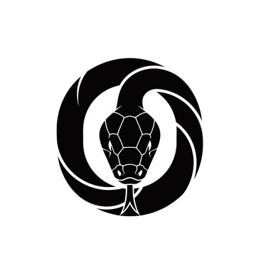 A minimalist black and white illustration of a snake's head with scales and a forked tongue, centered within a circular, stylized body design.